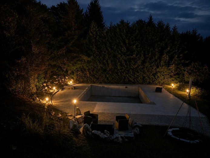 Provisionsfreies Einfamilienhaus in Wittislingen: 2.190m² Traumgrund, Außenpool, Whirlpool & Sauna – Abendstimmung