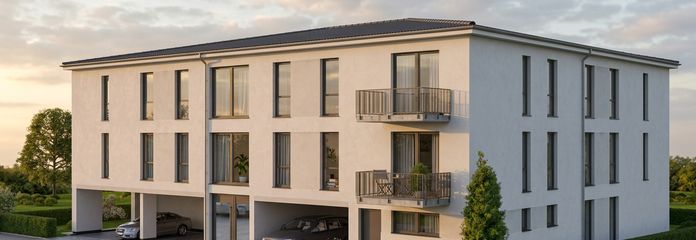 Ihre ruhige Terrassenwohnung im Grünen – Eingangsansicht mit Stellplatz