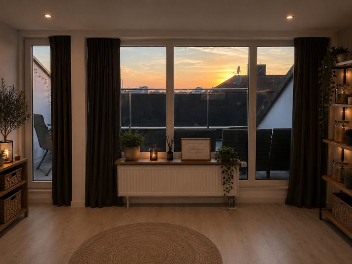 ☀️ Affascinante appartamento mansardato di 3,5 locali con loggia sopra Norimberga ☀️ – Wohnzimmer / Loggia Westen