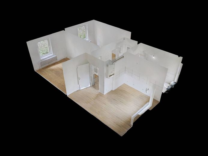 Modern gün ışığı alan banyosu ve büyük mutfağı bulunan konforlu 2 odalı daire – 3D-Ansicht Grundriss
