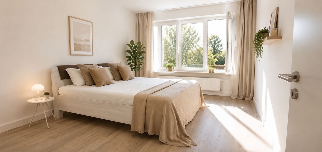 Attractively renovated + partially furnished + 3-room apartment, quietly located with fitted kitchen, cellar & bathroom with daylight – Schlafzimmer