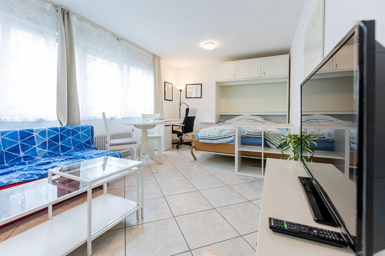 Voll möbliertes 1-Zimmer-Apartment in Sachsenhausen – 999 € all-inclusive, sofort frei – Wohnbereich mit Spiegelschrank