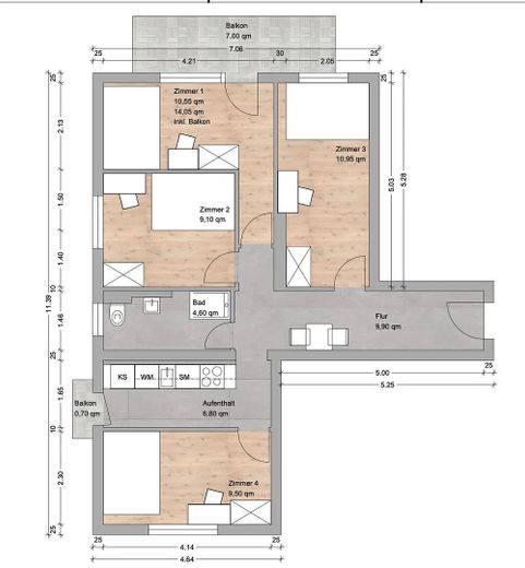 Attraktive 4er-WG mit 3 freien Zimmern - Pachemstraße 9 WE 4 / Zimmer 3 – Grundriss