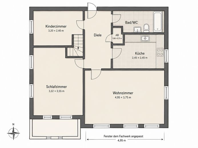 Wohnen im historischen Fachwerkhaus: möblierte 3-Zimmer-Wohnung 1 Min in die Innenstadt – Grundriss 3 Zimmer Wohnung 