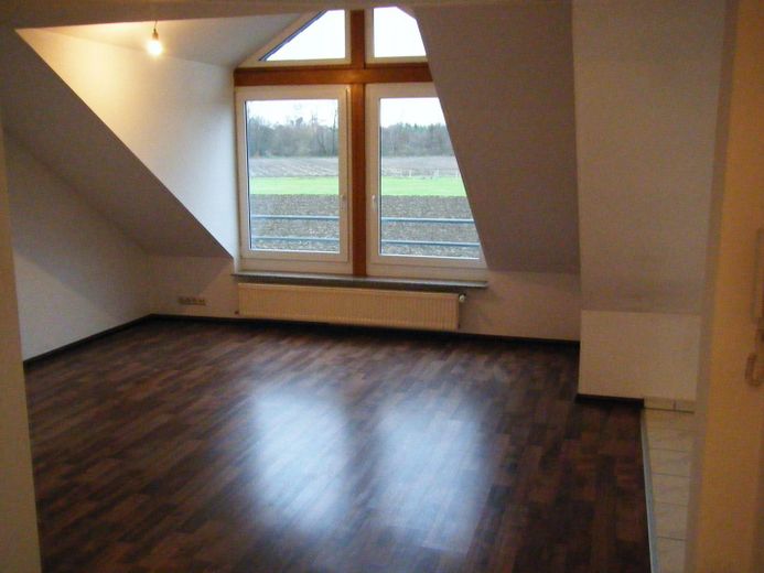 2-Zimmer-DG-Wohnung mit Balkon in Einhausen direkt am Feldrand mit Waldblick – Dachgaube Wohnzimmer