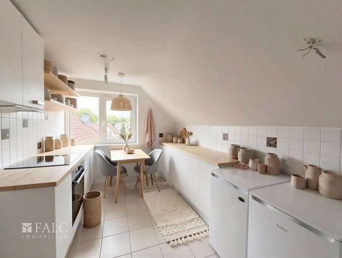 Gemütliche Einzimmer-Dachgeschosswohnung in ruhiger Lage von Überruhr-Hinsel – Küche-(KI generiert)