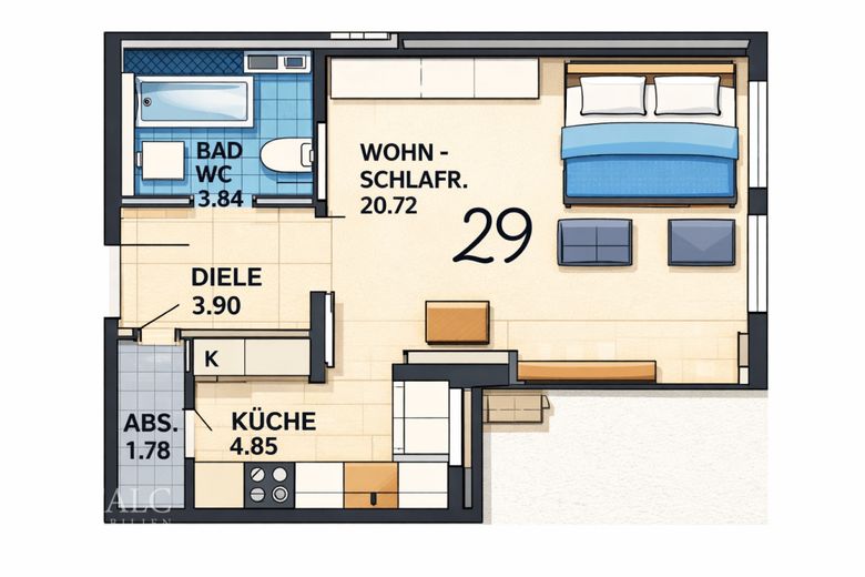 Gepflegte 1-Zimmer-Wohnung mit Balkon - vermietet und ideal für Kapitalanleger – Grundriss