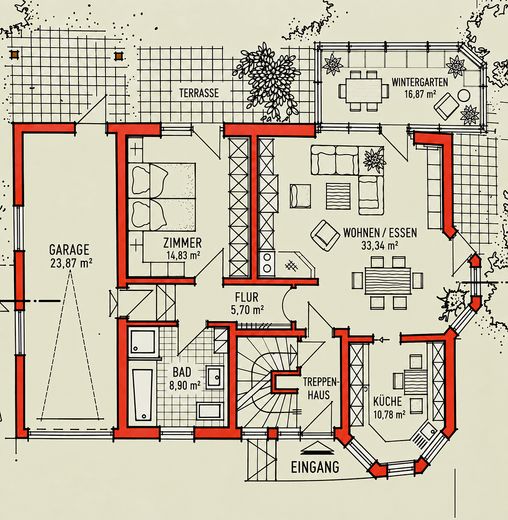 مساحة رحبة وإمكانات عديدة – منزل استثنائي متعدد الاستخدامات – Schematischer Grundriss EG