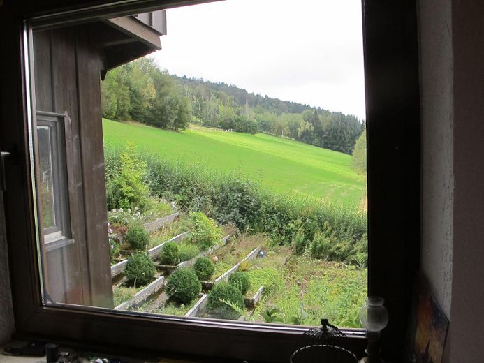 Sonniges Haus, 3 kpl. Wohnungen, Alleinlage, unverbaubarer Fernblick, Urlaubsregion Sonnenwald – Blick auf Garten und Wiesen