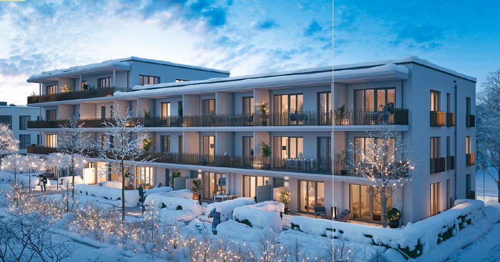 Neubau 2-Zi-WHG in Feldmoching möbliert und mit Balkon, Erstbezug – Ansicht im Winter