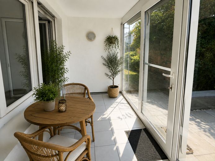 Appartamento di 3,5 locali. Piano terra, terrazza, posto auto + garage interrato. Privo di barriere, senza provvigione, da privato, senza agenzia – Wintergarten (mit KI möbliert)