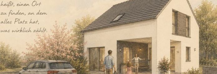 Im Carport bleibts trocken. Unten Familie, oben jedes Kind sein Zimmer.