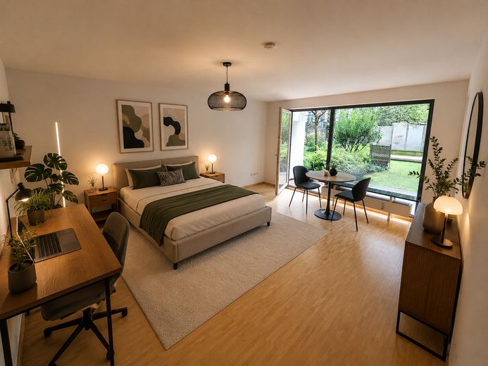 Maxvorstadt: Ruhige 1-Zimmer-Gartenwohnung in Toplage – nur 3 Min. zur U-Bahn! – Wohnvisualisierung