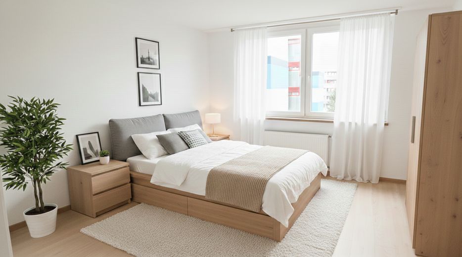 Bezugsfrei ab August: Direkt am Olympiapark – 3-Zimmer-Wohnung mit Südbalkon & TG in Schwabing-West – Schlafzimmer (virtuelle Möbel)