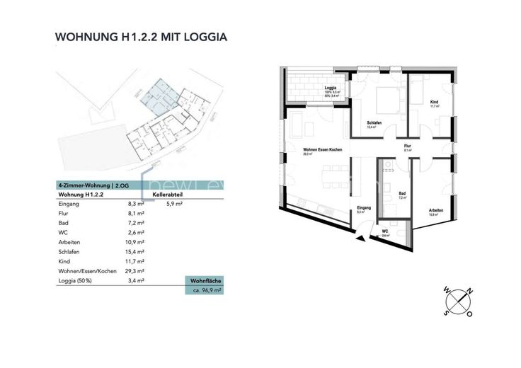 4-room condominium in ILLERPARK with loggia | 96.9 m² | first occupancy (1.2.2) – Wohnung H1.2.2 mit Loggia