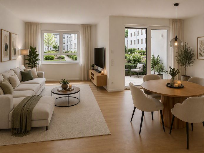 Ihr eigener Garten im Neubau – 65 m², Maintal, nahe Frankfurt – Wohn- und Essraum