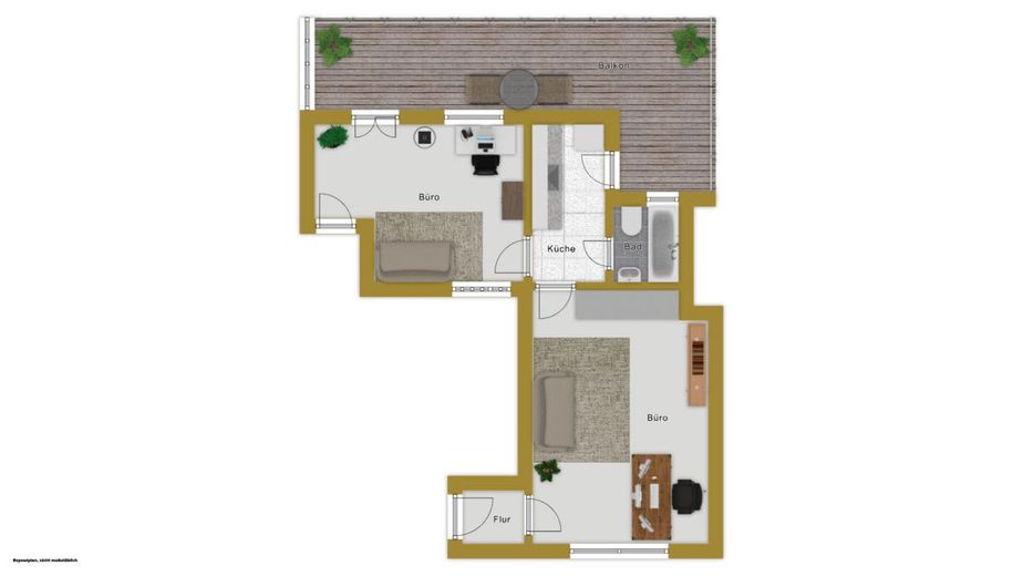 Ruhiges Büro mit 2 Zimmern, Küche, Bad und Dachterrasse am Schwanenspiegel – Grundriss