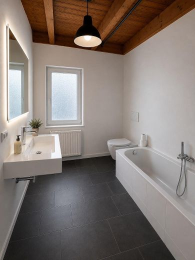 Frisch sanierte 4-Zimmer-Altbauwohnung mit Wohnküche, Holzbalkendecke & Tageslichtbad – Modernisiertes Tageslichtbad