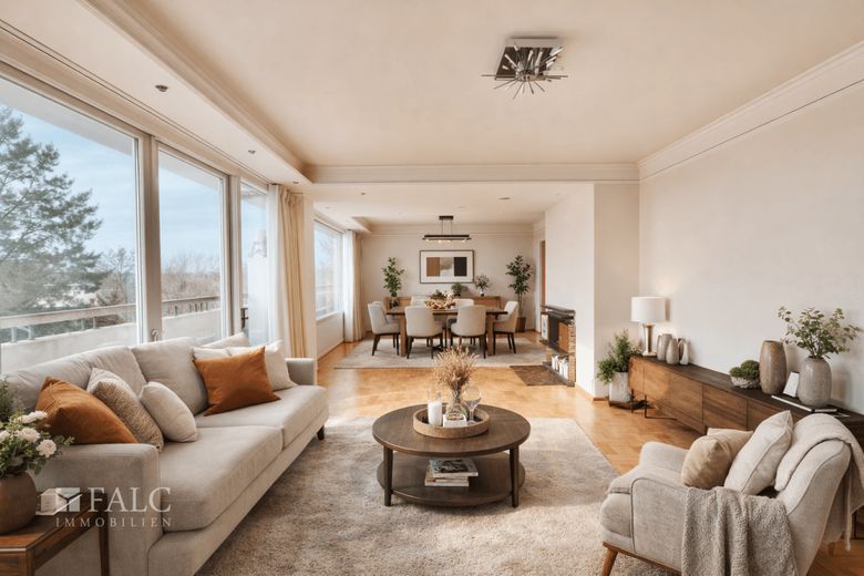 Exklusive Penthouse-Wohnung mit großzügiger Dachterrasse und Bergpanorama – Einrichtungsbeispiel Wohnen