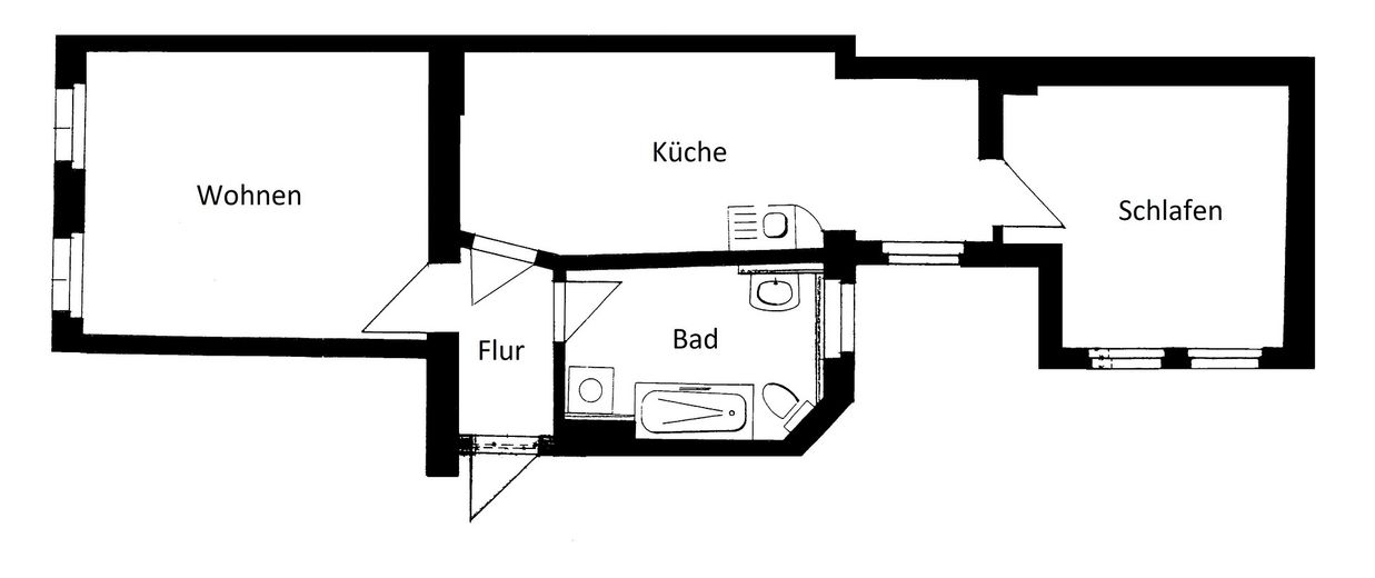 Helle 2-Zimmer-Wohnung mit separater Küche und Tageslichtbad – Grundriss 2.OG links