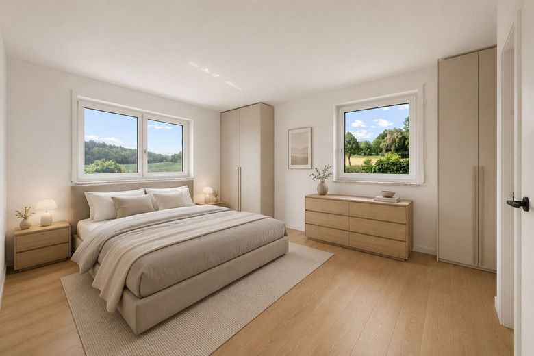 Jetzt schnell sein! Neubau-Doppelhaushälfte in Ergoldsbach mit Garten, Garage und KfW-55-Standard – Beispiel Schlafzimmer nach Fertigstellung