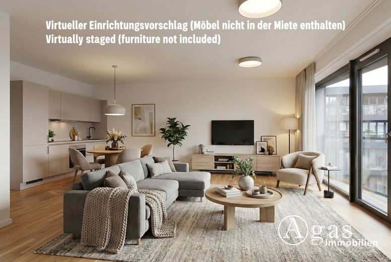 Große und helle 2 Zimmer Wohnung mit 2 Balkons, ca. 67 m²,  EBK und Concierge in Mitte – Virtueller Einrichtungsvorschlag (Möbel nicht in der Miete enthalten)
