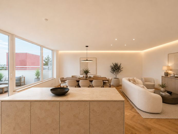 Exklusiver Wohntraum über Köln: Penthouse mit spektakulärer 97 m² Dachterrasse, Provisionsfrei – Wohnküche 3 (KI-möbliert)