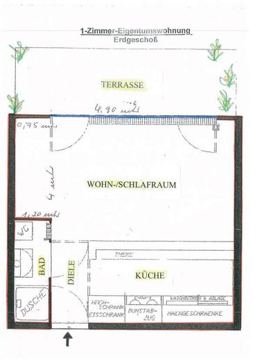 Appartement entièrement équipé, terrasse, jardin, place de stationnement – Grundriß vor Modernisierung