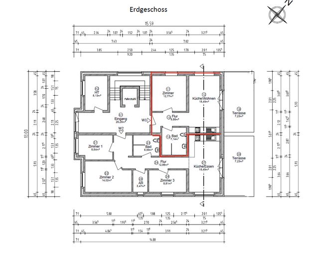 Neuwertige 2 Zimmer Wohnung mit Terrasse – Grundriss Whg. rot markiert