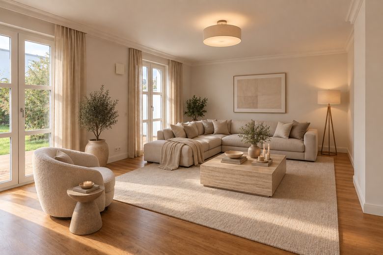 Jungfernsee'deki Belvedere'de yaşam – Güneş alan güney bahçeli şık yarı müstakil ev – Wohnzimmer visualisiert