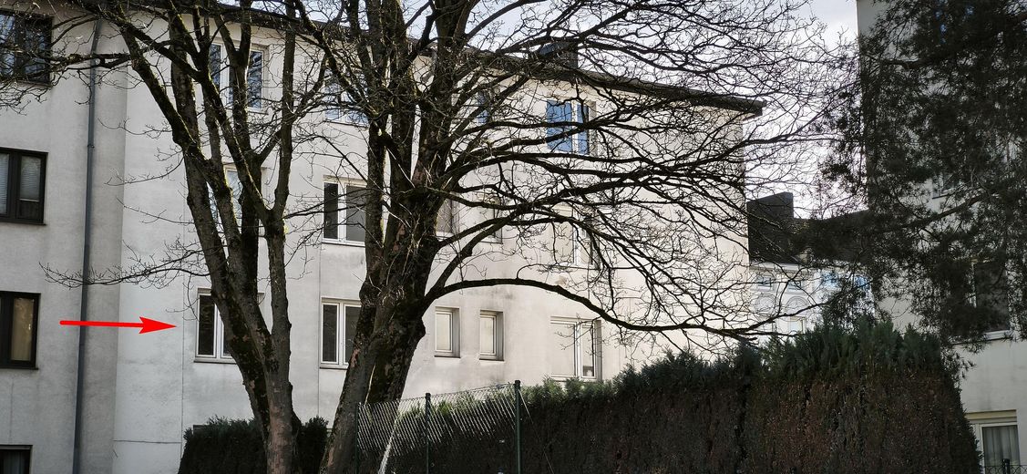 Rückansicht mit Wohnungspfeil