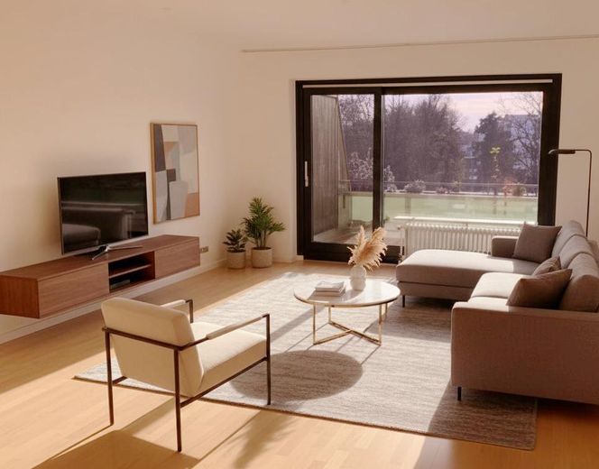 Hell, sonnig, ruhig und zentral - 2-Zimmer Wohnung im Herzen von Gröbenzell – Wohnzimmer KI-generiert