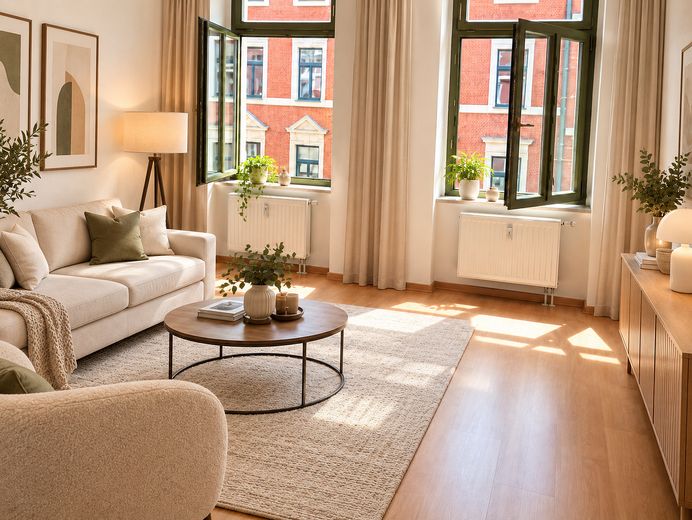 Balkonlu ve ankastre mutfaklı, tarihi çok aileli konutta çekici, modernize edilmiş 2 odalı daire - %6 getiri – Wohnzimmer _KI möbliert