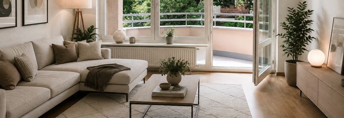Vivir rodeado de naturaleza en el centro de Berlín | Amplio piso de 2 habitaciones con balcón y plaza de garaje subterráneo | sin comisión – Wohnzimmer