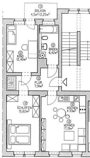VERMIETETE 3-RAUM WOHNUNG IM 1. OBERGESCHOSS – Grundriss