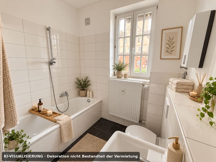 Wonen met geschiedenis & uitzicht op groen – gemoderniseerd 2-kamerappartement met balkon en uitzicht op de klokkentoren – Bad - KI-Visualisierung