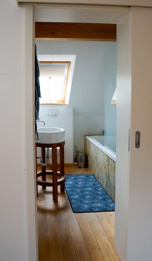 Landhaus unter Reet am See, Gästewohnung, Stallungen, Weiden und Wald. – Ferienwohnung Badezimmer