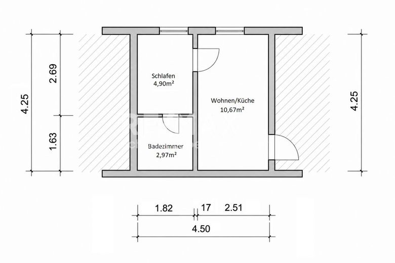 1-Zimmer-Erdgeschosswohnung im Hinterhaus – Grundriss