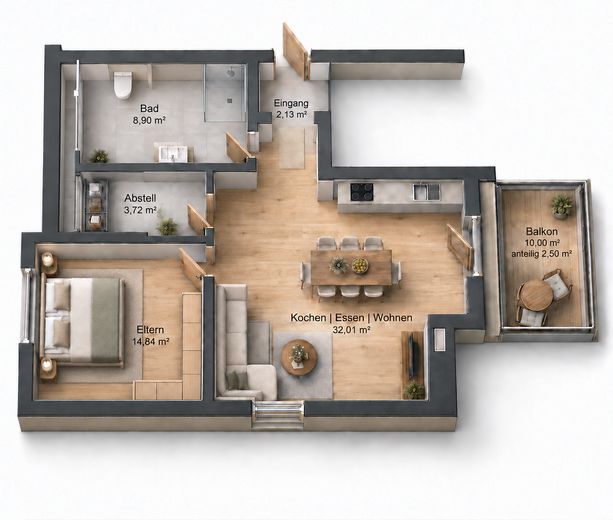 Modern 2-kamerappartement op de bovenste verdieping (A+) met parkeerplaats in de ondergrondse garage – zonder makelaarscourtage – Grundriss