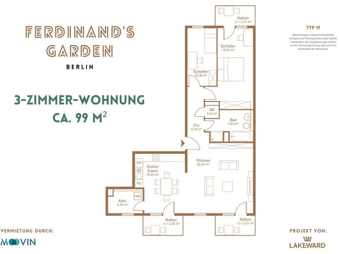 Moderne 3-Zimmer-Wohnung in Lichtenberg inkl. Qualitätsküche, 3 Balkone und Fußbodenheizung – Grundriss