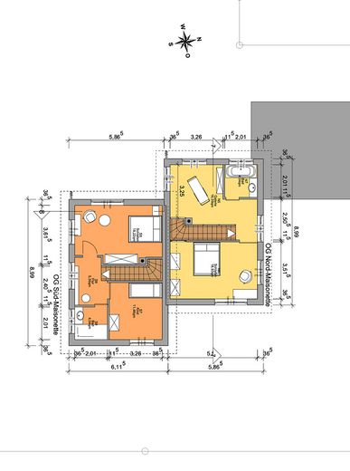 Lichtovergoten maisonette met eigen tuin & twee terrassen op rustige locatie, nabij het bos – Grundriss OG - Maisonette gelb