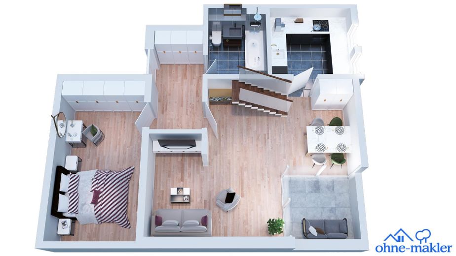 Komisyonsuz: Potsdam-Babelsberg’de 24 m² çatı teraslı, ışıkla dolu çatı katı dubleksi – Grundriss DG / untere Ebene