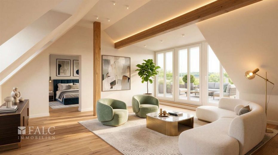 Wohnen mit Aussicht - hier gehen Fachwerk und Moderne Hand-in-Hand – WE DG - Wohnzimmer Einrichtungsbeispiel (KI Staging)