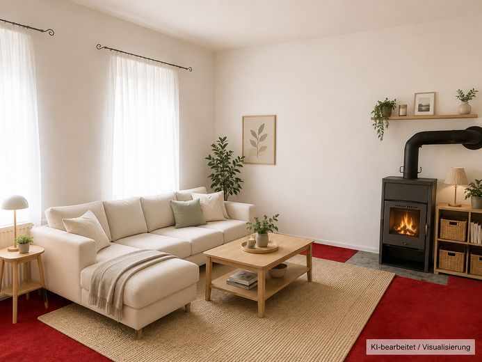 Klinker, Garten, Werkstattglück: Ein Zuhause für Nestbauer und Macher – Wohnzimmer - KI Visualisierung