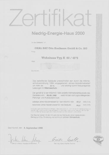 Zertifikat Niedrigenergiehaus