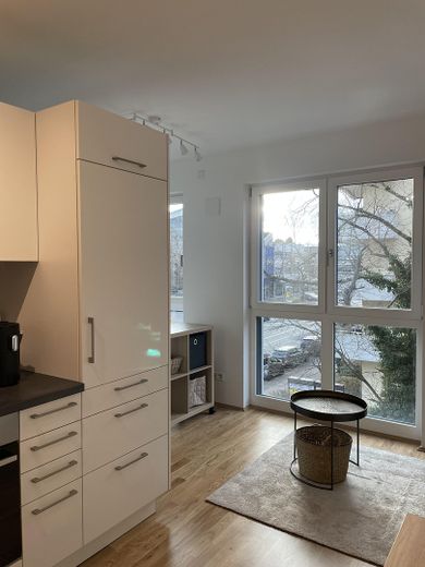 Neubau - helle 1-Zi Whg, voll eingerichtet + vollmöbliert, Bad mit Fenster - ab 12/26 provisionsfrei – Küche in den Wohnbereich