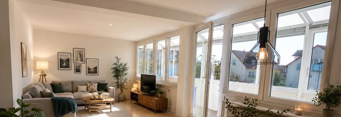 Außergewöhnlich großzügige 3–4-Zimmer-Eigentumswohnung mit Wellnessbad, zwei Wintergärten, EBK – Wohn-/Essbereich