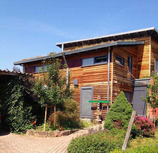 Lichtdurchflutetes Design Architekten Holzhaus, naturnahe sonnige Feldrandlage, ca.30 min.v. Stgt – Ansicht Eingang u. Küchentür