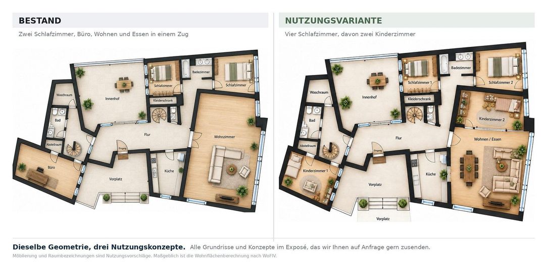 Будинок у будинку: без комісії, 293 м² пентхаус на 3 рівнях, 148 м² відкритої площі, лофт, панорамний вид – Grundriss Bestand und Variante