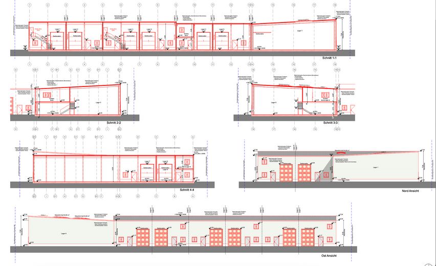 Grenzstraße 14: Neubau von 8 Lager- und Produktionshallen in bester Lage – Ansichten / Schnitte